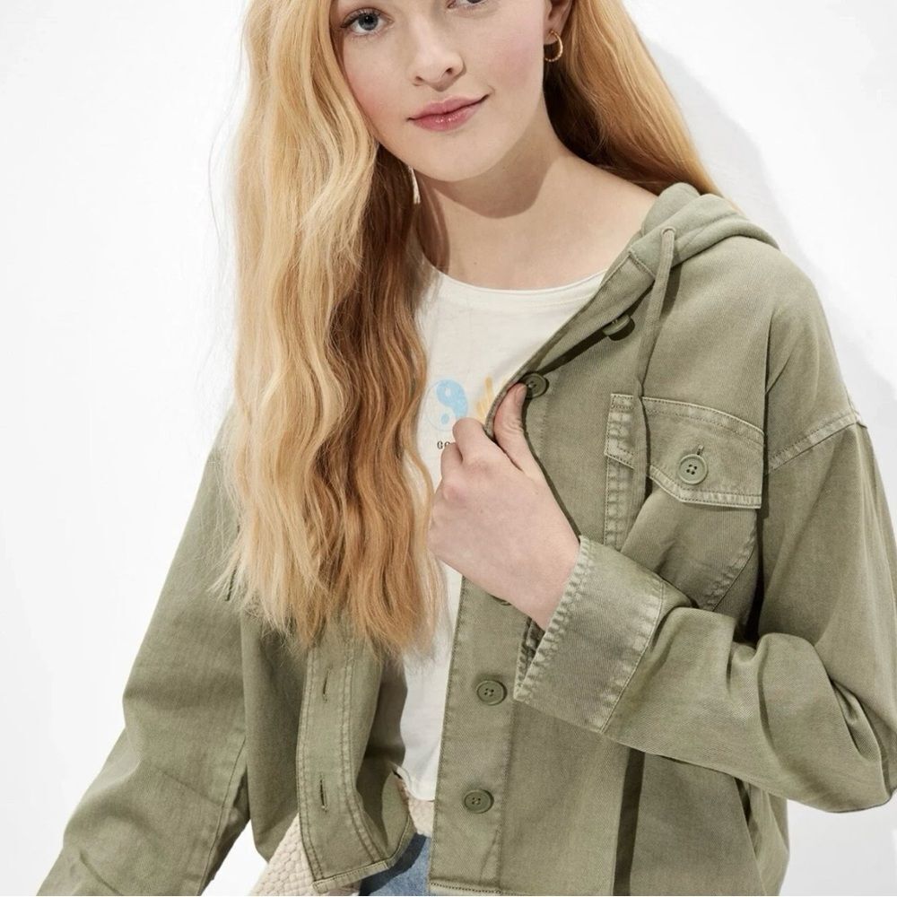 American Eagle Cropped Military Hooded Shacket Army Green XS